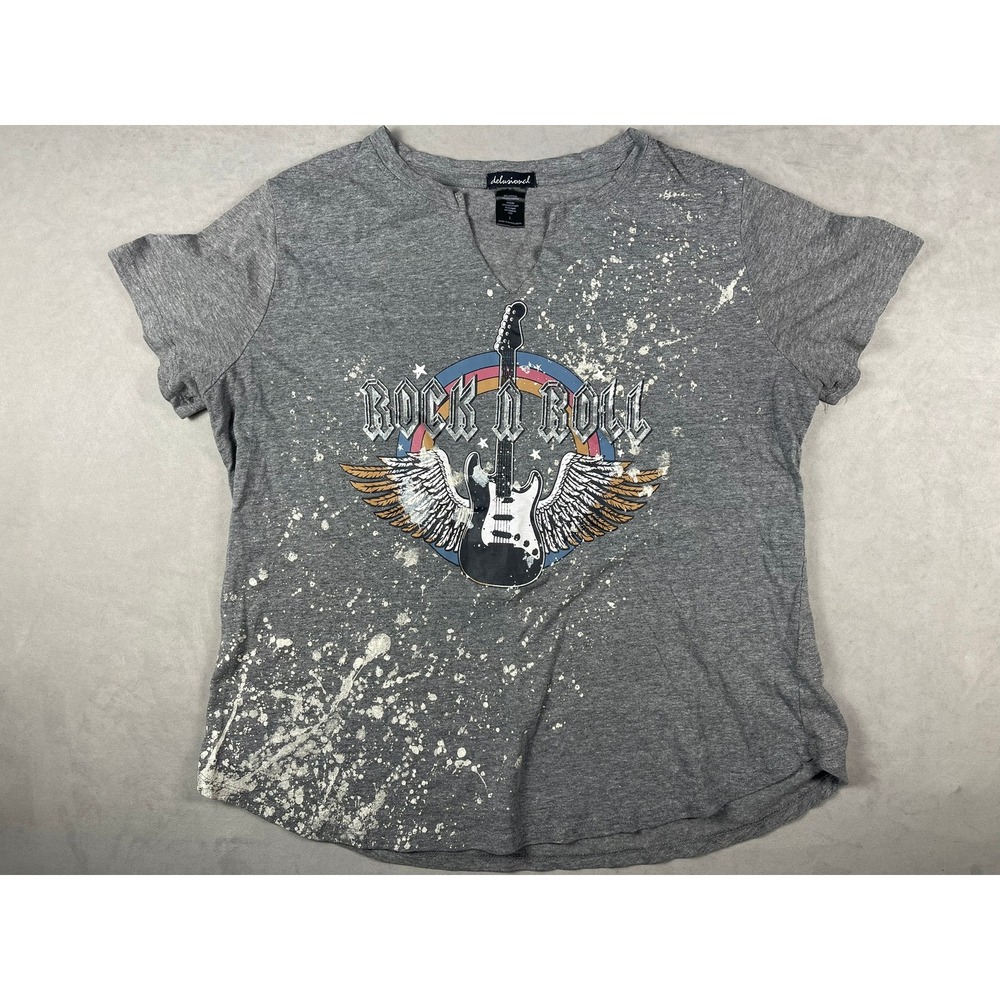 Delusional Rock N Roll Graphic T-Shirt Gray Paint Splatter Split V-Neck Large